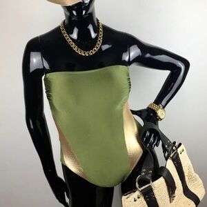 Bill Blass Olive & Metallic Gold Strapless Swimsuit / Bodysuit